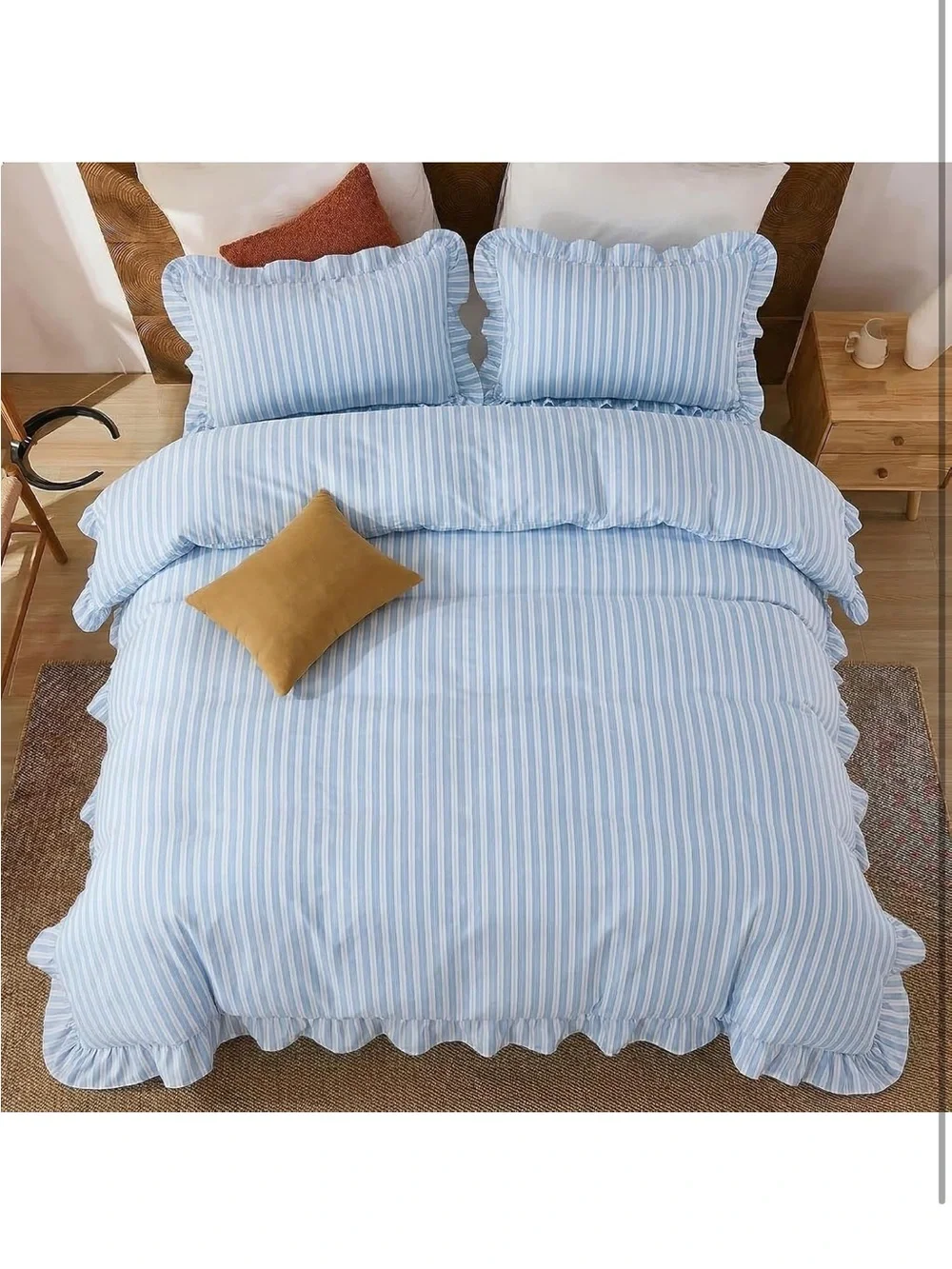 NEW Merryword 100% Cotton Blue/White Striped Duvet Cover Set King. Ruffle Trim
